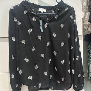 LOFT Black Blouse with White Floral Design